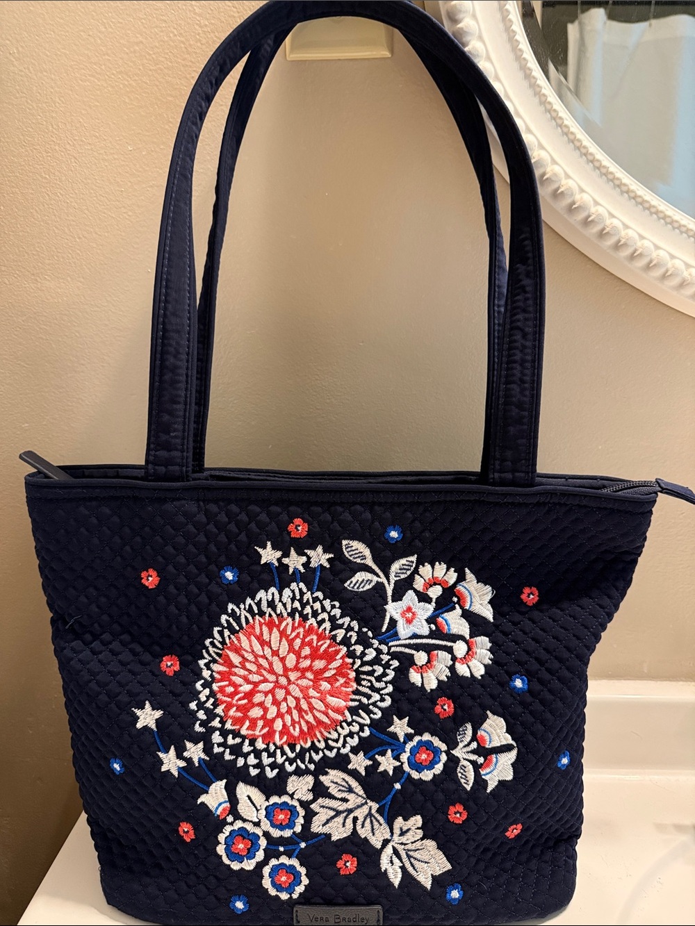 Vera Bradley Navy Tote with Red, White & Blue Floral fireworks Embroidery
